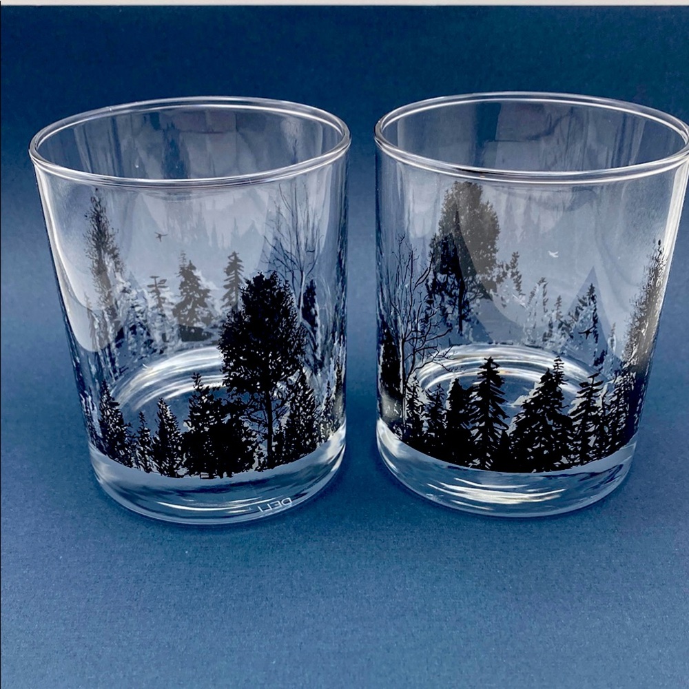 Screen Printed Forest Landscape With Trees Birds Design Glass  Whiskey Glasses